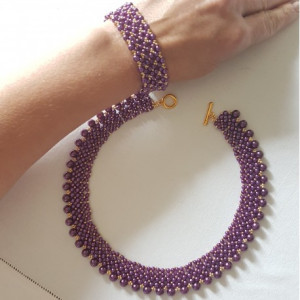 Naszyjnik Bransoletka Kolia z Pereł Czeskich Fioletowe Perły Szklane