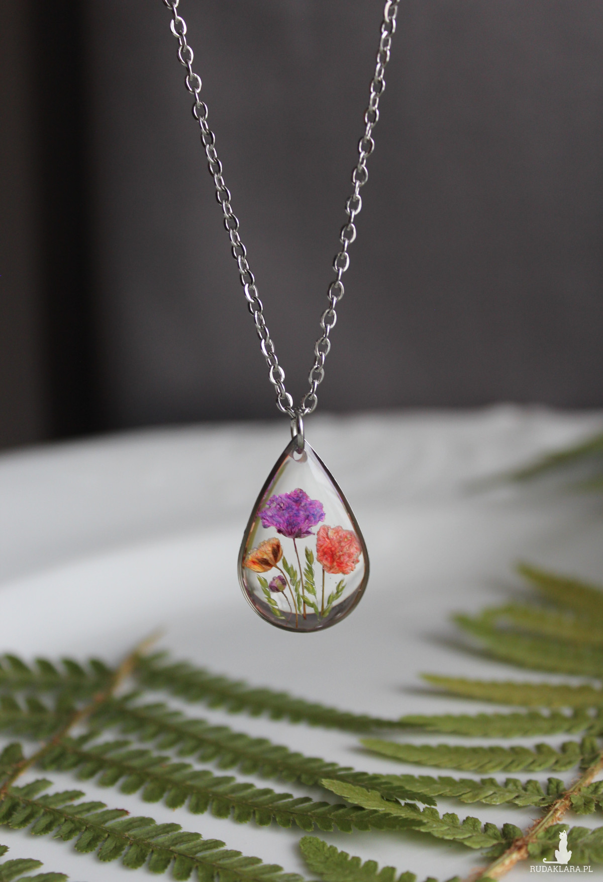 Srebrna łezka zawieszka srebrny wisiorek kwiat naszyjnik żywica z żywicy suszone kwiaty z kwiatami naturalne żywe kwiaty