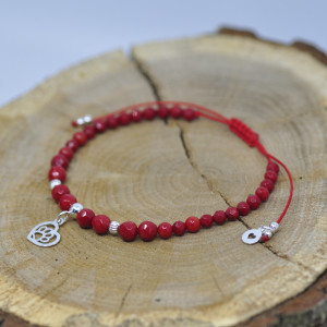 Serce z łapką / łapa - bransoletka, srebro 925, koral