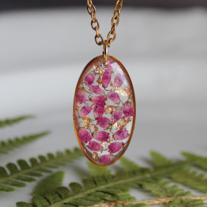 Złota zawieszka złoty wisiorek kwiat naszyjnik żywica z żywicy suszone kwiaty z kwiatami naturalne żywe kwiaty zielona żywica epoksydowa owalna różowe różowa