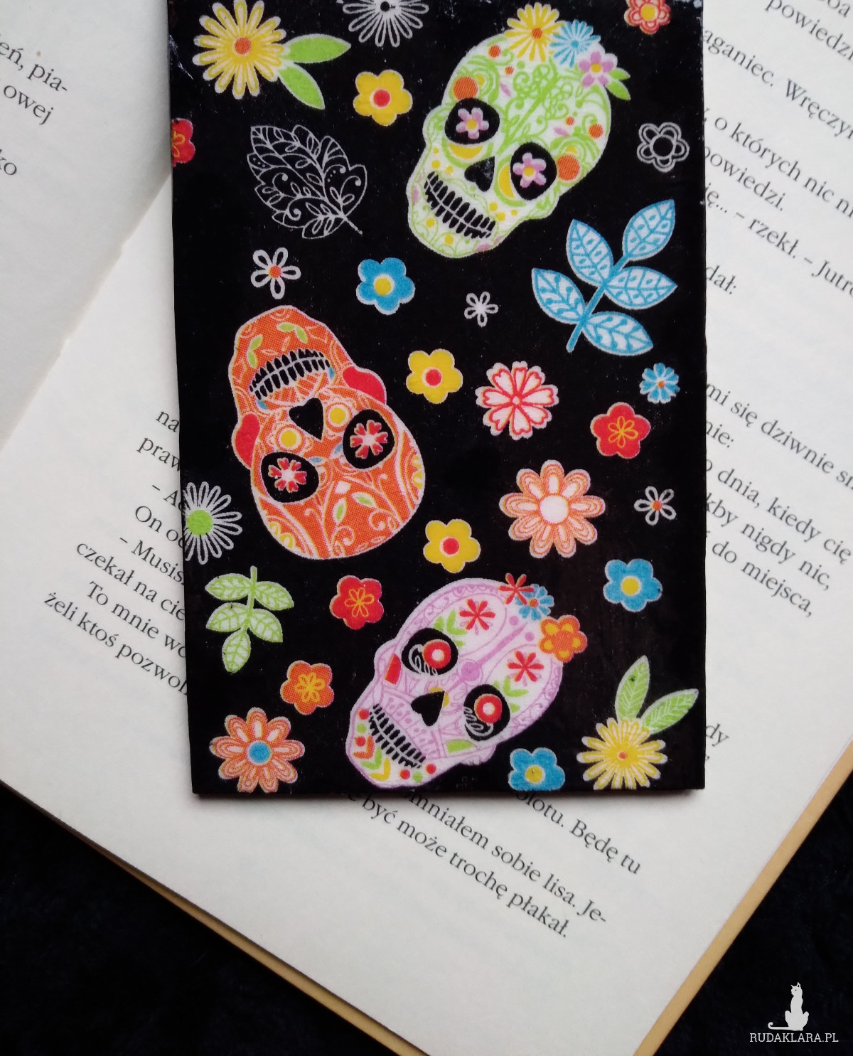 Drewniana Zawieszka Zakładka XL do książki kolorowe meksykańskie czaszki klimat Meksyku decoupage