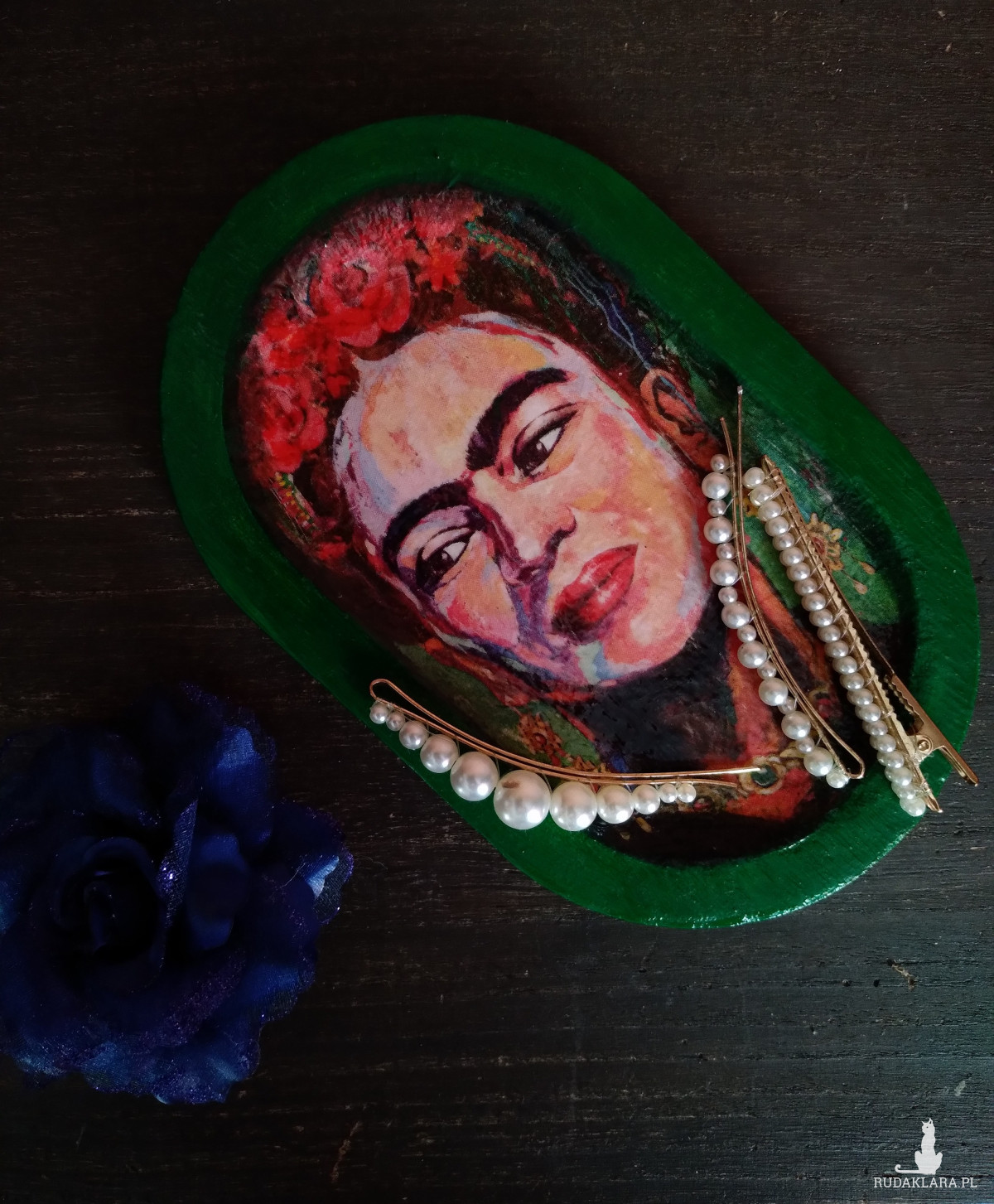 Drewniana taca na biżuterię Frida Kahlo decoupage