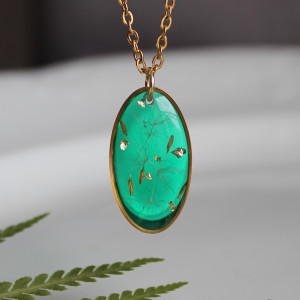 Złota zawieszka złoty wisiorek kwiat naszyjnik żywica z żywicy suszone kwiaty z kwiatami naturalne żywe kwiaty zielona żywica epoksydowa owalna szafir dmuchawce dmuchawiec