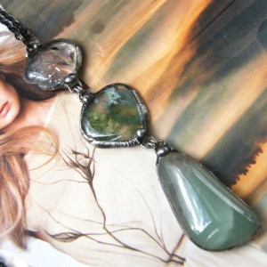 Naszyjnik wisiorek chwost awenturyn, kryształ górski, agat mszysty