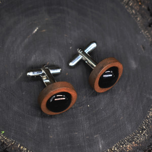 Drewniane spinki do mankietów z kamieniem / czarny agat