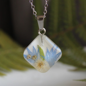 Srebrna zawieszka srebrny wisiorek kwiat naszyjnik żywica z żywicy suszone kwiaty z kwiatami naturalne żywe kwiaty żywica epoksydowa chabry