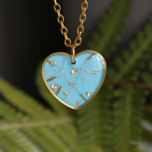 Złota zawieszka złoty wisiorek kwiat naszyjnik żywica z żywicy kwiaty serce serduszko niebieska dmuchawiec