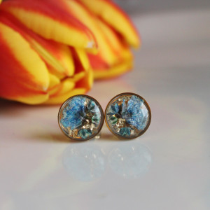 Złote kolczyki wkręty sztyfty żywica z żywicy kwiaty z kwiatami suszone prawdziwe kwiaty retro vintage kobiece na prezent delikatne niebieskie błękitne