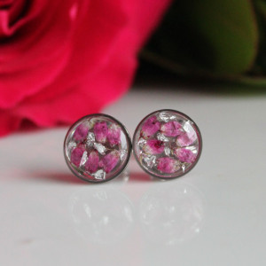 Srebrne kolczyki wkręty sztyfty żywica z żywicy kwiaty z kwiatami suszone prawdziwe kwiaty retro vintage kobiece na prezent delikatne różowe wrzosem wrzos