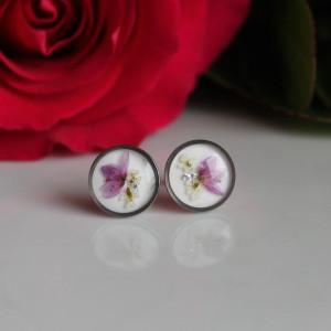 Srebrne kolczyki wkręty sztyfty żywica z żywicy kwiaty z kwiatami suszone prawdziwe kwiaty retro vintage kobiece na prezent delikatne różowe