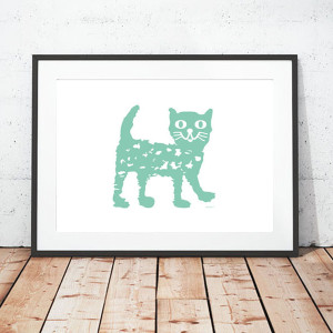 kotek plakat A4, kot obrazek na ścianę, miętowy plakat do domu, plakat z kotkiem, kot grafika do dziecięcego pokoju, zwierzęta plakat A4, plakat z kotem, obraz z kotem