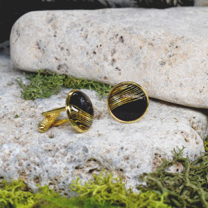Złote spinki do mankietów koszuli z czarno-złotym oczkiem #62