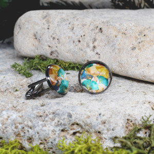 Czarne spinki do mankietów koszuli z oczkiem / liściasty wzór / miłorząb #80