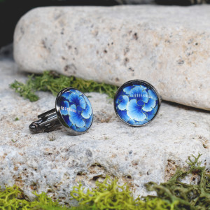 Czarne spinki do mankietów koszuli z oczkiem / liściasty wzór / miłorząb #82