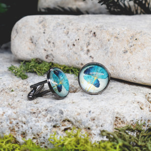 Czarne spinki do mankietów koszuli z oczkiem / liściasty wzór / miłorząb #84