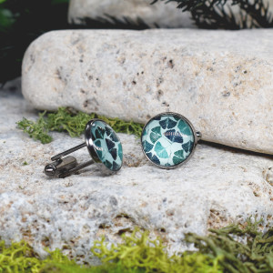 Czarne spinki do mankietów koszuli z oczkiem / liściasty wzór / miłorząb #85