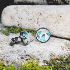 Czarne spinki do mankietów koszuli z oczkiem / liściasty wzór / miłorząb #87