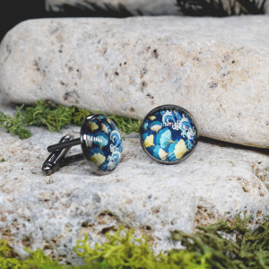 Czarne spinki do mankietów koszuli z oczkiem / liściasty wzór / miłorząb #88