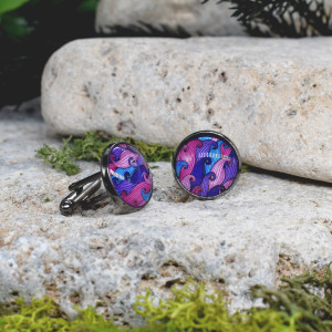 Czarne spinki do mankietów koszuli z oczkiem / kolorowe fale, abstrakcja, geometria #94