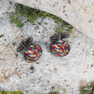 Czarne spinki do mankietów koszuli z oczkiem / kolorowe fale, abstrakcja, geometria #104