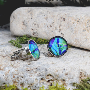 Srebrne spinki do mankietów koszuli z oczkiem / kolorowe fale, abstrakcja, neonowe światła, cyberpunk #106