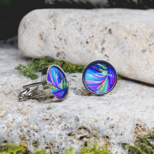 Srebrne spinki do mankietów koszuli z oczkiem / kolorowe fale, abstrakcja, neonowe światła, cyberpunk #107