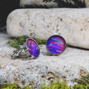 Srebrne spinki do mankietów koszuli z oczkiem / kolorowe fale, abstrakcja, neonowe światła, cyberpunk #110