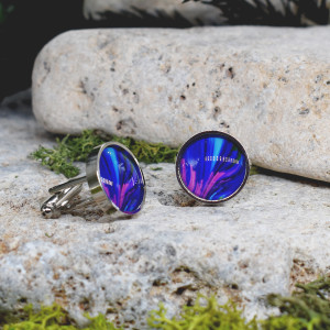 Srebrne spinki do mankietów koszuli z oczkiem / kolorowe fale, abstrakcja, neonowe światła, cyberpunk #111