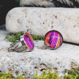 Srebrne spinki do mankietów koszuli z oczkiem / kolorowe fale, abstrakcja, neonowe światła, cyberpunk #112