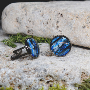 Czarne spinki do mankietów koszuli z oczkiem / kolorowe fale, abstrakcja, paski #122