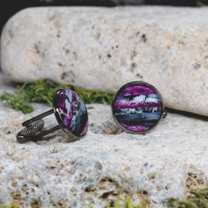 Czarne spinki do mankietów koszuli z oczkiem / kolorowe fale, abstrakcja, paski #124