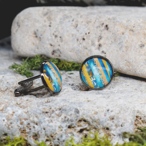 Czarne spinki do mankietów koszuli z oczkiem / kolorowe fale, abstrakcja, paski #125