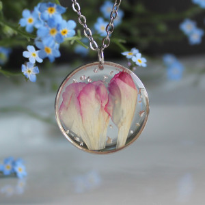 Srebrna zawieszka srebrny wisiorek różowy kwiat naszyjnik żywica z żywicy suszone kwiaty z kwiatami naturalne żywe kwiaty retro wisior goździk