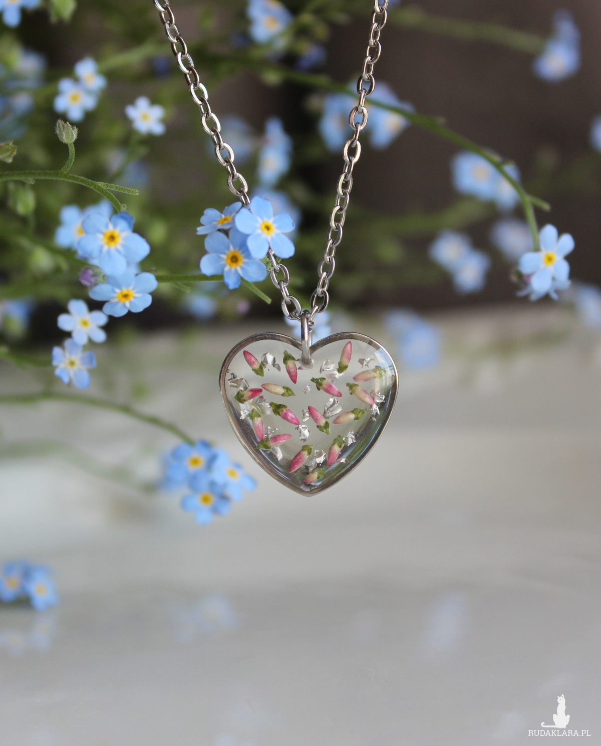 Srebrna zawieszka srebrny wisiorek kwiat naszyjnik żywica z żywicy kwiaty serce serduszko wrzos różowy