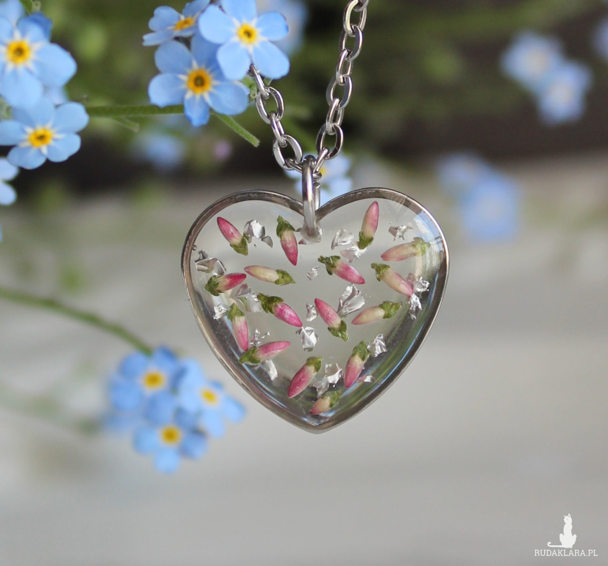 Srebrna zawieszka srebrny wisiorek kwiat naszyjnik żywica z żywicy kwiaty serce serduszko wrzos różowy