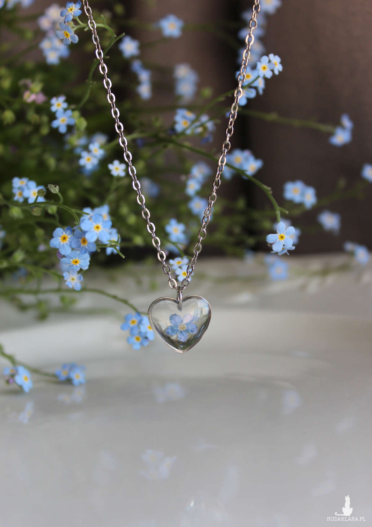 Srebrna zawieszka srebrny wisiorek niezapominajki kwiat naszyjnik żywica z żywicy kwiaty z kwiatami niezapominajka z niezapominajkami serce serduszko