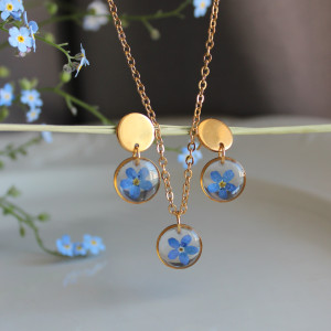 Komplet kolczyki złota zawieszka złoty wisiorek wisior naszyjnik żywica kwiaty z prawdziwymi kwiatami niezapominajki niezapominajkami