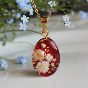 Złota jajowata zawieszka złoty wisiorek kwiat naszyjnik żywica z żywicy kwiaty z kwiatami bordowa czerwona