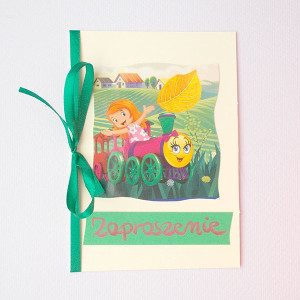 zaproszenie dla dziecka, bajkowe zaproszenie, śmieszne zaproszenie, kolorowe zaproszenia dla dzieci, zaproszenie dla dziewczynki, zaproszenie z lokomotywą, lokomotywa zaproszenie