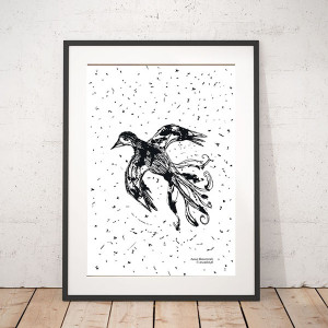 biało czarny plakat A4, ptaszek plakat A4, czarno biały plakat z ptaszkiem, skandynawska grafika do pokoju, ptaszek obraz biało czarny, minimalizm dekoracja na ścianę