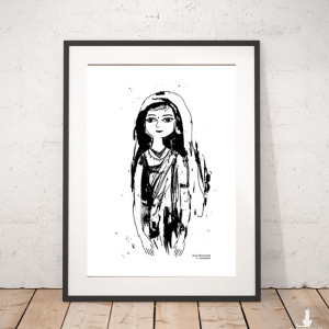 biało czarny plakat A4,  biało czarny obrazek z Hinduską, biało czarna grafika z dziewczyną, plakat z Hinduską, minimalizm plakat na ścianę, dziewczyna obraz A4, Indie plakat, boho dekoracja