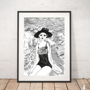 biało czarny plakat A4, czarno biały plakat do domu, biało czarny plakat z dziewczyną, minimalizm grafika na ścianę, biało czarny obraz z dziewczyną, wakacje plakat A4
