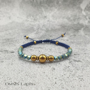 Bransoletka makrama- złoty i niebieski hematyt