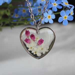 Srebrna zawieszka srebrny wisiorek kwiat naszyjnik żywica z żywicy kwiaty z kwiatami serce serduszko wrzos różowy dzika marchew