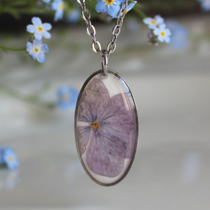 Srebrna jajowata zawieszka srebrny wisiorek fioletowa hortensja kwiat naszyjnik żywica z żywicy kwiaty z kwiatami