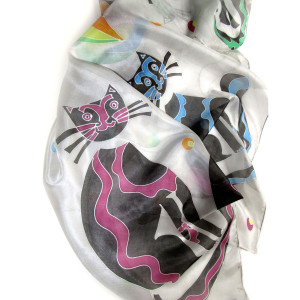 Cztery koty na jedwabiu, ręcznie malowana chusta