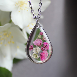 Srebrna łezka zawieszka srebrny wisiorek kwiat naszyjnik żywica z żywicy suszone kwiaty z kwiatami naturalne żywe kwiaty różowe róż