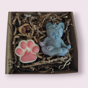 Zestaw prezentowy dla psiarza - medytujący buldożek i psia łapka w ozdobnym pudełku