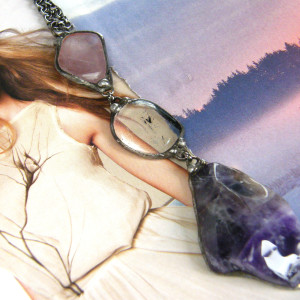 Naszyjnik wisiorek chwost ametyst i kryształ