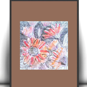 kwiaty rysunek A4, mały obrazek do przedpokoju, kwiatki rysunek 21x30, boho dekoracja do domu
